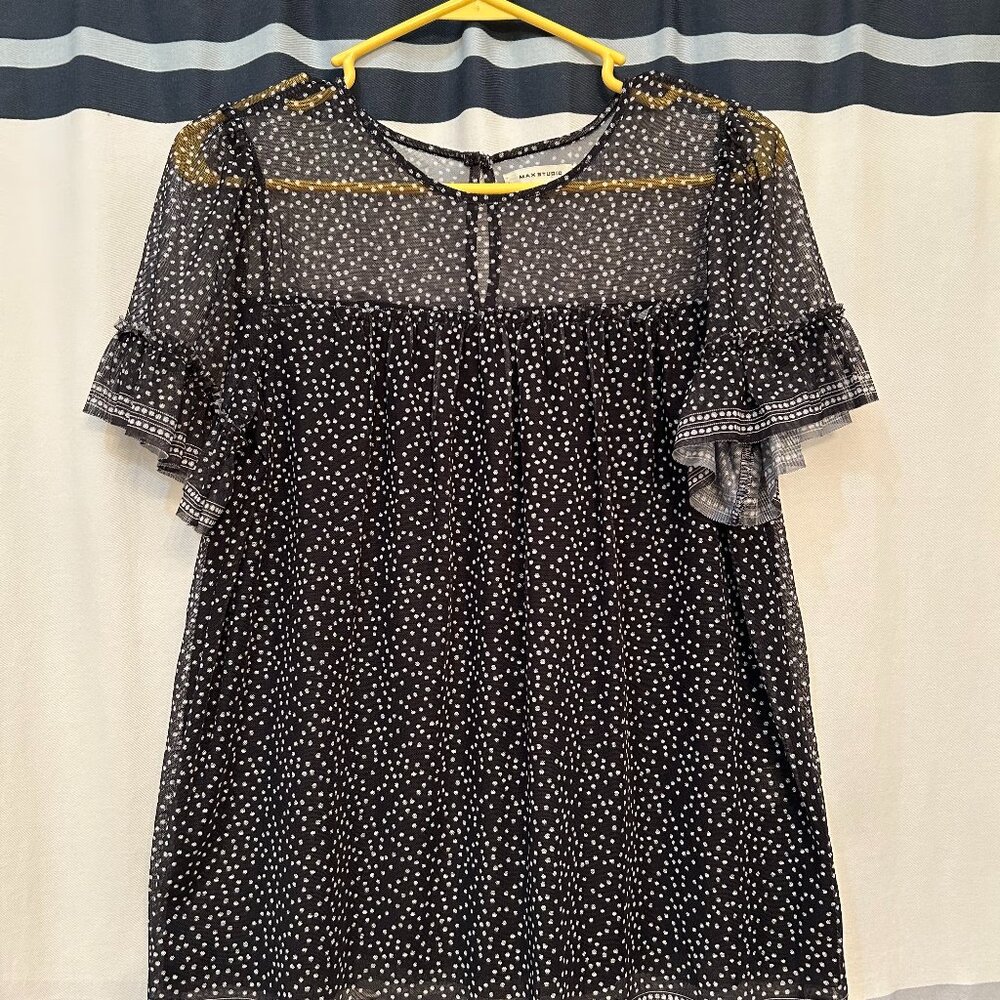 Max Studio Black & Ivory Polka Dot Sheer Woman's Top Small